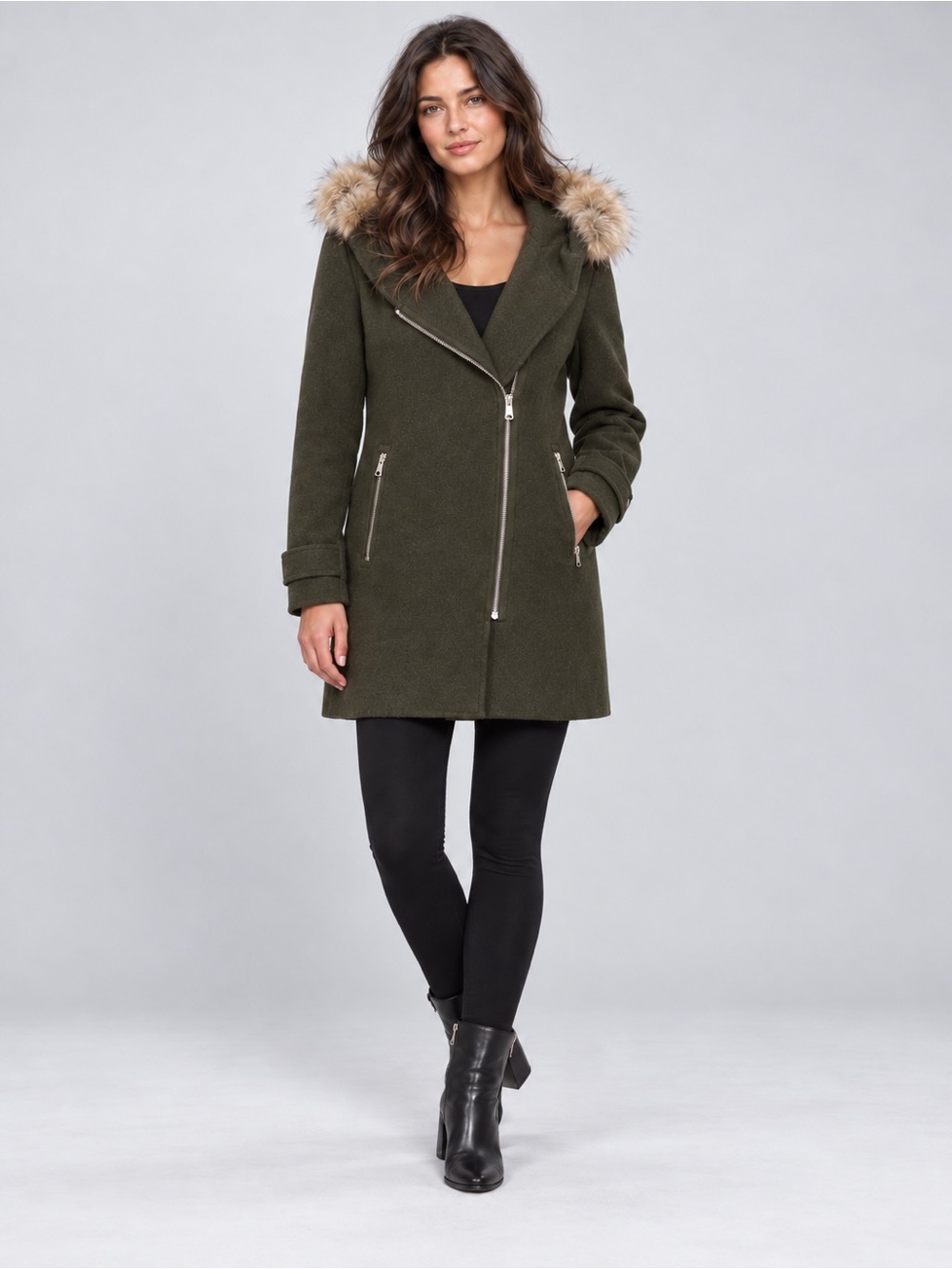 Marc New York Andrew Marc Genuine Fur Trim Hooded Wool Blend Coat – Size 10